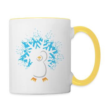 Pinguin mit Schneeflocke Cartoon - Tasse zweifarbig - Weiß/Gelb - Rechts