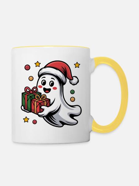 Weihnachtsgeist mit Geschenk - Tasse zweifarbig - Weiß/Gelb