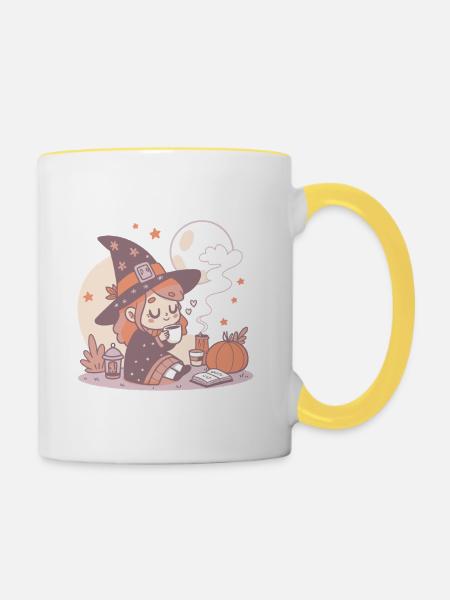 Gemütliche Hexe und Herbstblätter - Tasse zweifarbig - Weiß/Gelb