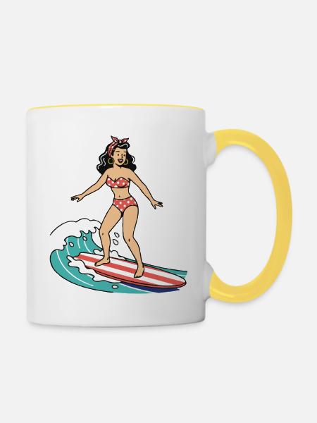 Pin-up-Mädchen auf dem Surfbrett - Tasse zweifarbig - Weiß/Gelb