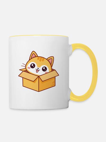 Kawaii-Kätzchen in der Box - Tasse zweifarbig - Weiß/Gelb