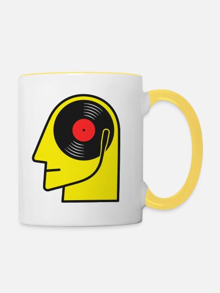 Retro-Vinyl-Album-Kopfporträt - Tasse zweifarbig - Weiß/Gelb