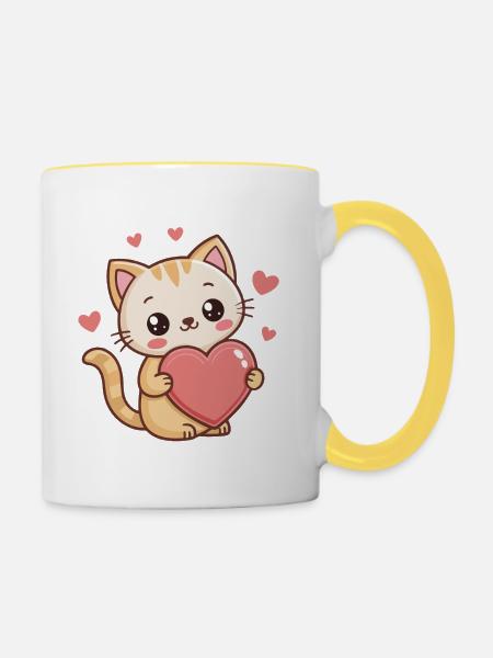 Süßes Kätzchen-Cartoonherz - Tasse zweifarbig - Weiß/Gelb