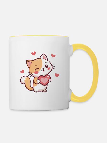 Katzenherz-Kawaii-Zärtlichkeit - Tasse zweifarbig - Weiß/Gelb