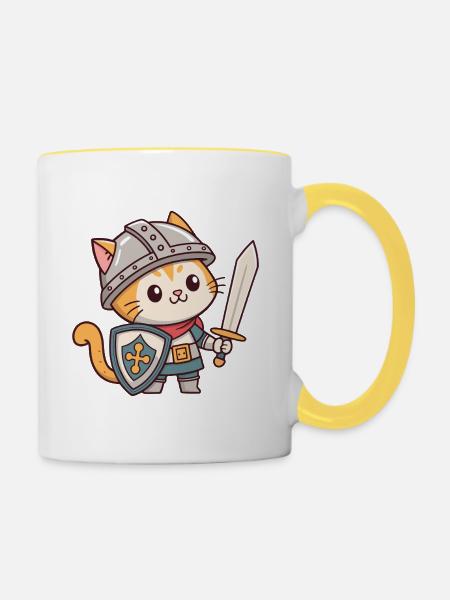 Ritterkatze in Rüstung - Tasse zweifarbig - Weiß/Gelb