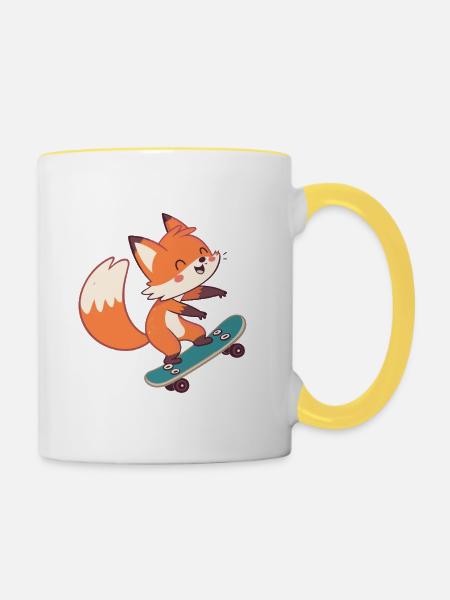Fuchs-Skateboarder auf Skateboard - Tasse zweifarbig - Weiß/Gelb