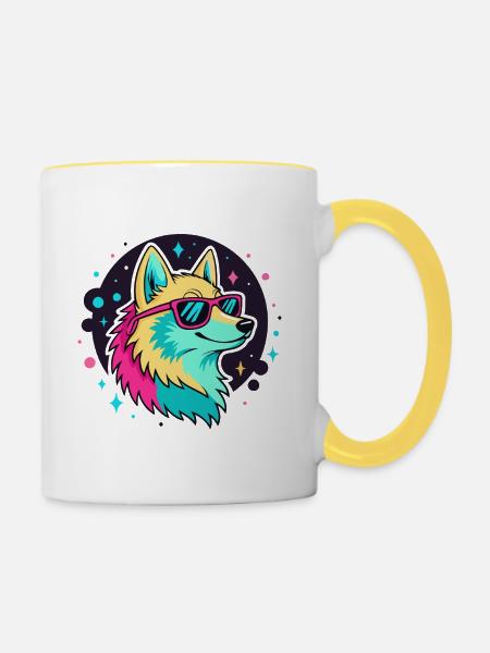 Neonwolf mit coolen Brillen - Tasse zweifarbig - Weiß/Gelb