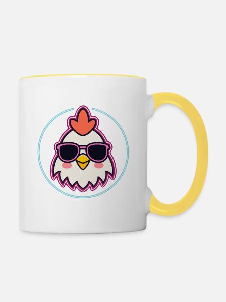 Hahn mit neonrosa Brille - Tasse zweifarbig - Weiß/Gelb
