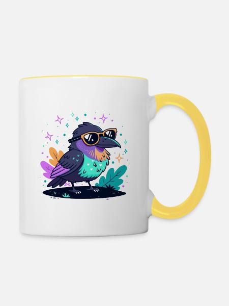 Bunter Rabe mit Brille - Tasse zweifarbig - Weiß/Gelb
