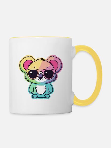 Regenbogen-Neon-Koala mit Brille - Tasse zweifarbig - Weiß/Gelb