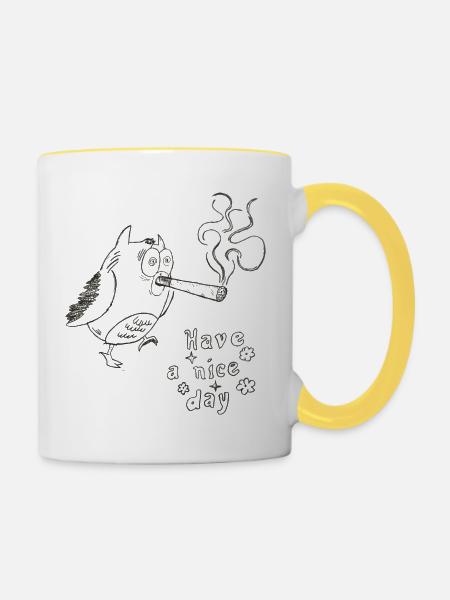 Verwirrte Eule– Have a Nice Day - Tasse zweifarbig - Weiß/Gelb