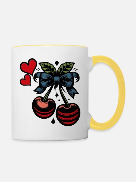 Kirsch-Duo mit Schleife Retro-Pop-Art - Tasse zweifarbig - Weiß/Gelb