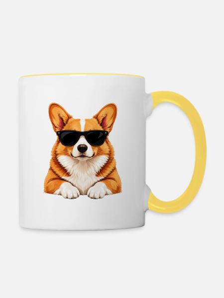 Corgi mit Sonnenbrille - Tasse zweifarbig - Weiß/Gelb