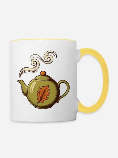 Teekanne mit Herbstduft - Tasse zweifarbig - Weiß/Gelb