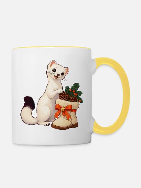 Hermelin mit festlichem Zapfenstiefel - Tasse zweifarbig - Weiß/Gelb