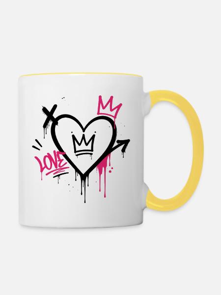 Graffiti-Herz mit rosa Krone - Tasse zweifarbig - Weiß/Gelb