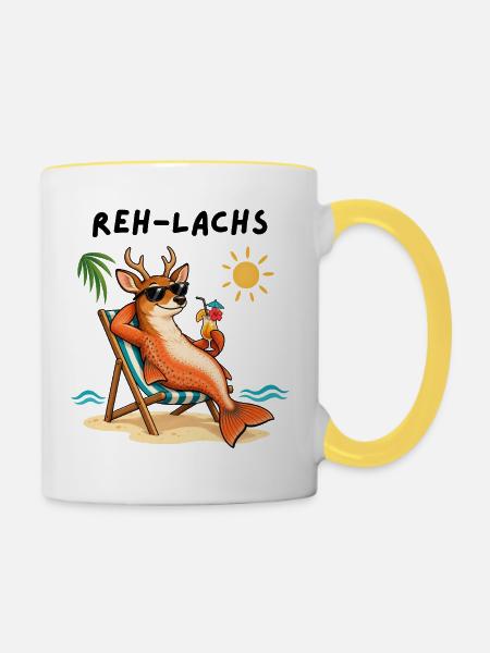 "Reh-Lachs" / Relax - Witziges Wortspiel - Tasse zweifarbig - Weiß/Gelb