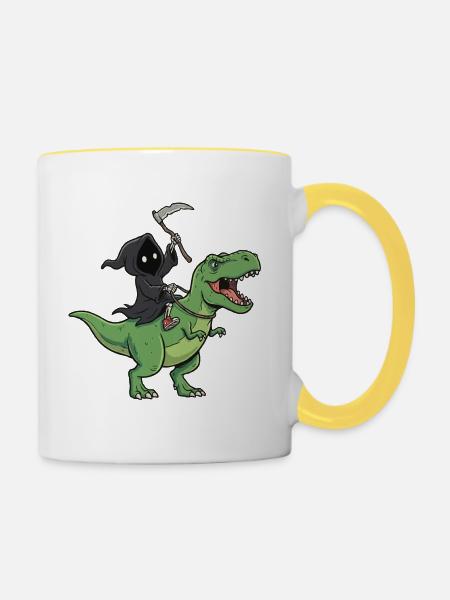 Sensenmann auf T-Rex - Tasse zweifarbig - Weiß/Gelb
