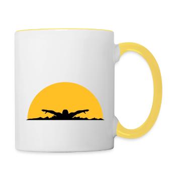 wellen abend sonne nacht palmen strand insel meer - Tasse zweifarbig - Weiß/Gelb - Rechts