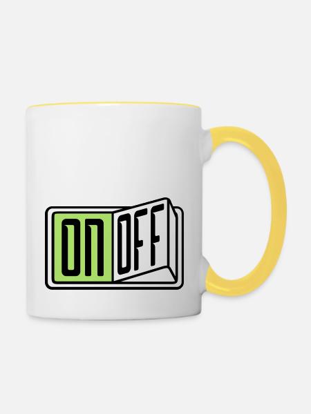 on off schalter taste button einschalten ausschalt - Tasse zweifarbig - Weiß/Gelb