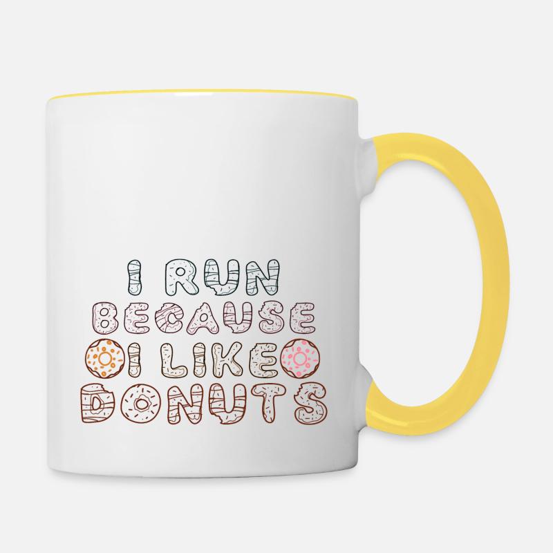 Je cours parce que j’aime les beignets - Mug contrasté - blanc/jaune