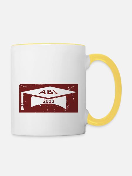 Abitur, Bachelorhut, Abi - Tasse zweifarbig - Weiß/Gelb