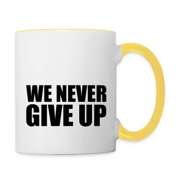 we never give up never give up team crew we sp - Contrasting Mug - white/yellow - Right