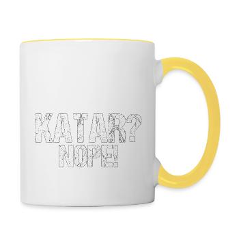 Katar nein Boykott Spruch Geschenk - Tasse zweifarbig - Weiß/Gelb - Rechts