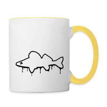 Zander Crime Scene - Anglergeschenk - Outline - Tasse zweifarbig - Weiß/Gelb - Rechts
