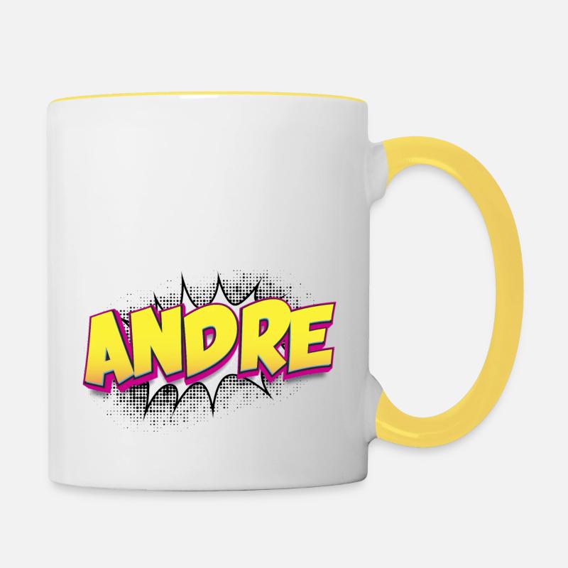 Andre Custom Name Comic Book Style Pop Art, Andre - Contrasting Mug - white/yellow