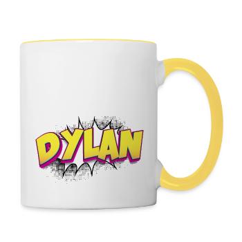 Dylan Benutzerdefinierter Name Comic-Stil Pop-Art, Dylan - Tasse zweifarbig - Weiß/Gelb - Rechts