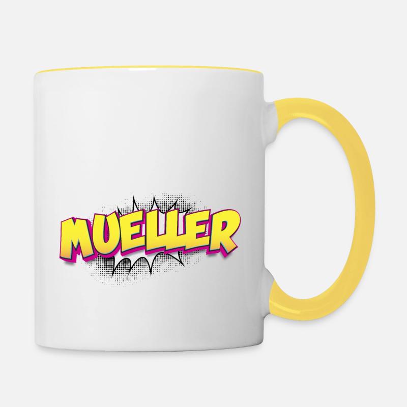 Mueller benutzerdefinierter Name Comic-Buch-Stil Pop-Art, - Tasse zweifarbig - Weiß/Gelb