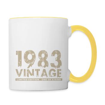 Jahrgang 1983 Bursdag - Unikat - Tasse zweifarbig - Weiß/Gelb - Rechts