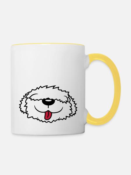 Visage de chien Bobtail - Mug contrasté - blanc/jaune