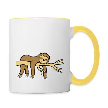 Glückliches hängendes Faultier - Tasse zweifarbig - Weiß/Gelb - Rechts