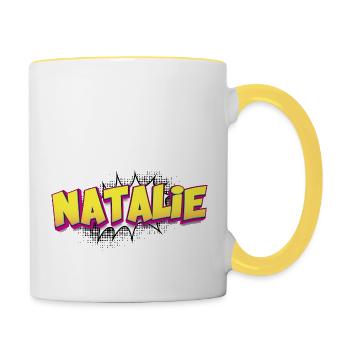 Natalie Benutzerdefinierter Name Comic-Buch-Stil Pop-Art, - Tasse zweifarbig - Weiß/Gelb - Rechts