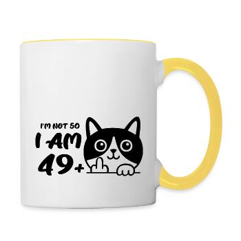 Ich bin nicht 50, ich bin 49 plus 1 Mittelfinger Katze Flip - Tasse zweifarbig - Weiß/Gelb - Rechts