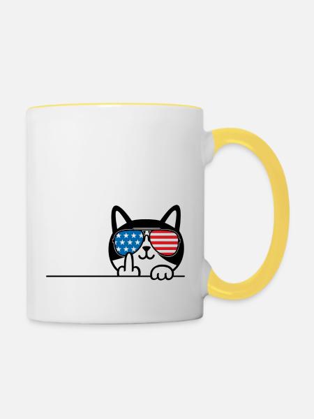 Ich bin nicht 19, ich bin 18 plus 1 Mittelfinger Katzenflip - Tasse zweifarbig - Weiß/Gelb