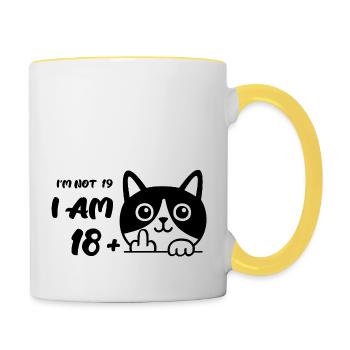 I'm Not 19, I Am 18 Plus 1 Middle Finger Cat Flip - Contrasting Mug - white/yellow - Right