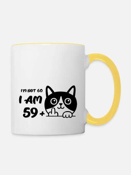 Ich bin nicht 60, ich bin 59 plus 1 Mittelfinger Katzenflip - Tasse zweifarbig - Weiß/Gelb