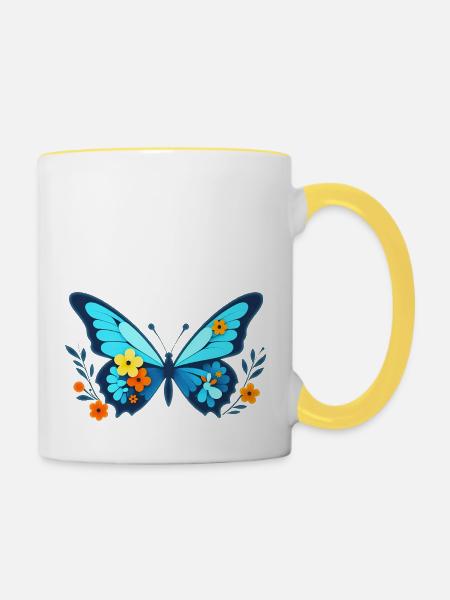 Falter mit Blumen - Tasse zweifarbig - Weiß/Gelb