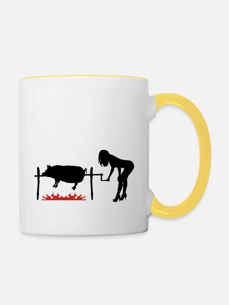 Grillschwein - Tasse zweifarbig - Weiß/Gelb