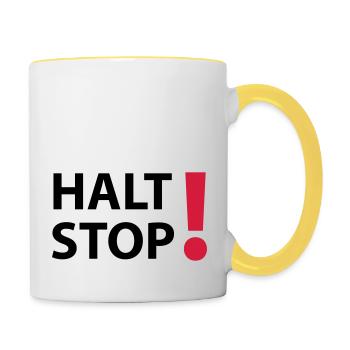 Halt Stop! - Tasse zweifarbig - Weiß/Gelb - Rechts