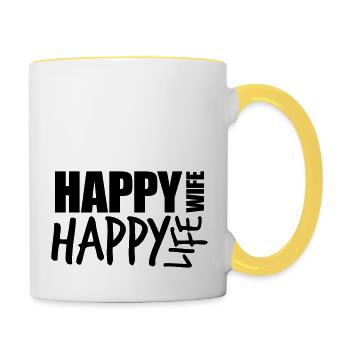 text cool happy wife life ehefrau gluecklich leben - Tasse zweifarbig - Weiß/Gelb - Rechts