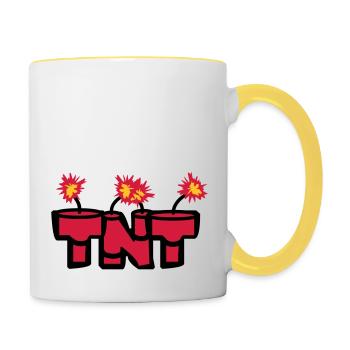angezuendet text rod boom fire hot tnt dyna - Contrasting Mug - white/yellow - Right
