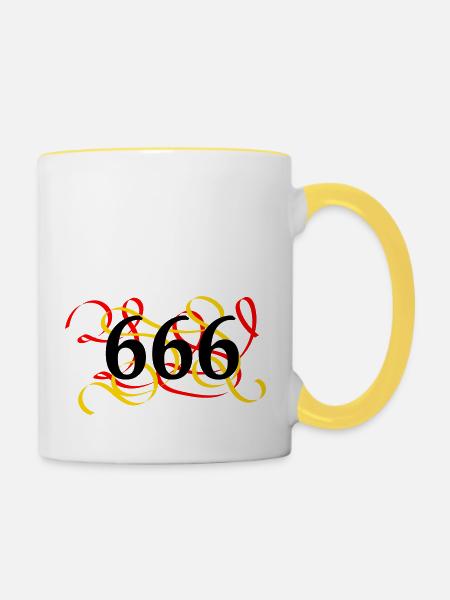 666 gebrannt - Tasse zweifarbig - Weiß/Gelb