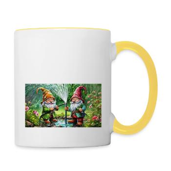 Mignons petits gnomes Vie quotidienne – bataille d’eau - Mug contrasté - blanc/jaune - Droite