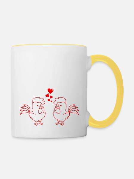 verliebte Hühner - Tasse zweifarbig - Weiß/Gelb