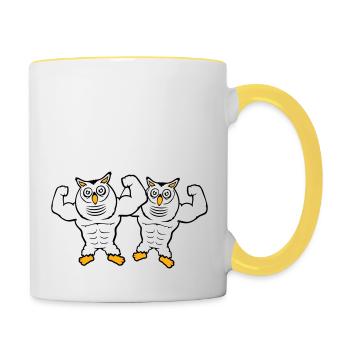 2 Eulen Bodybuilder Muskeln Bizeps Posen Gym Rat - Tasse zweifarbig - Weiß/Gelb - Rechts