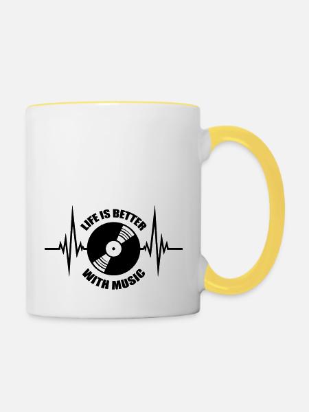 Life is Better with Music vinyl platte puls herzsc - Tasse zweifarbig - Weiß/Gelb